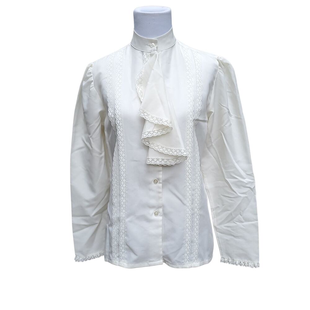Vintage White Blouse Top Victorian Cottage High Jabot Neck Ruffle Lace Cuf 9/10
